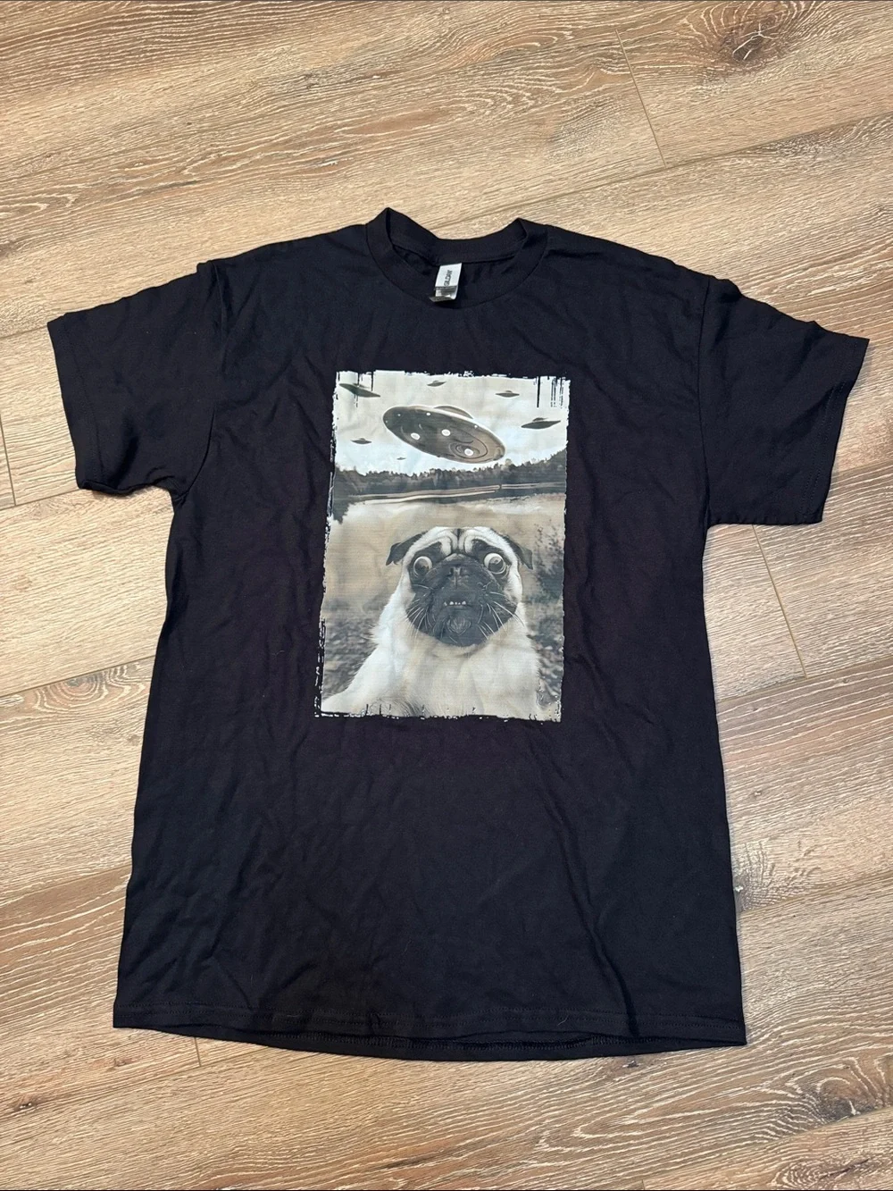 Black Pug UFO Graphic Dog T-Shirt Size: Medium